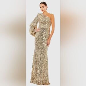 Mac Duggal 26717 Gold Sequined One Shoulder Bishop Sleeve Trumpet Gown NWT Sz 2